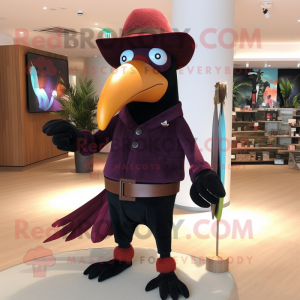 Maroon Toucan mascot costume character dressed with a Long Sleeve Tee and Hat pins