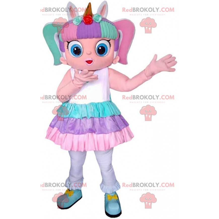 Mascot kleurrijk meisje, klein meisje kostuum, kind -