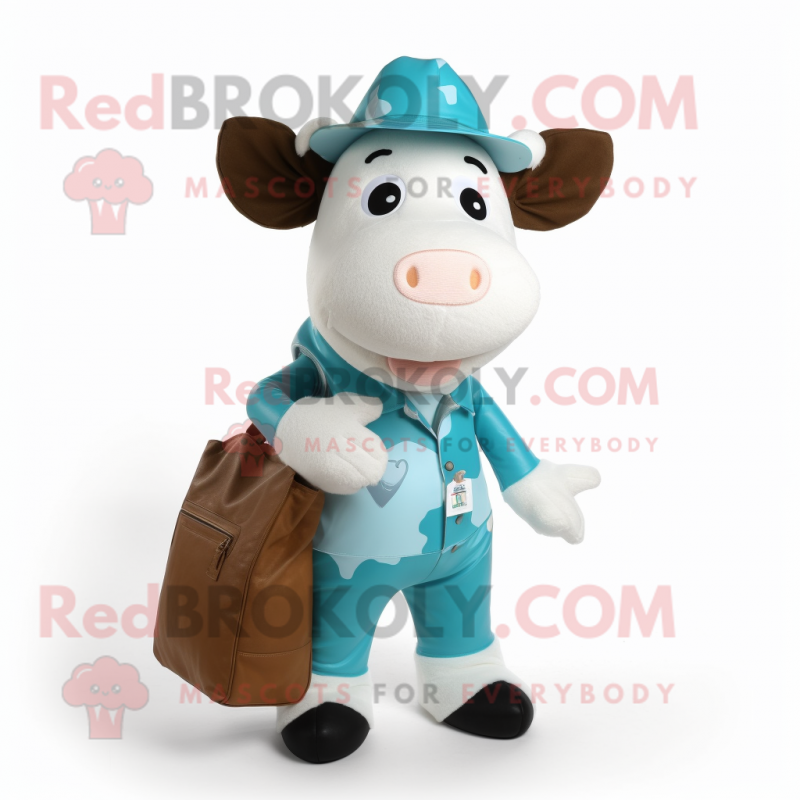 Turquoise Holstein Cow mascot costume character dressed with a Dungarees and Tote bags