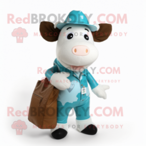 Turquoise Holstein Cow mascot costume character dressed with a Dungarees and Tote bags