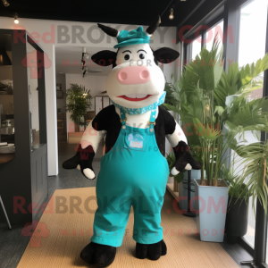 Turquoise Holstein Cow mascot costume character dressed with a Dungarees and Tote bags