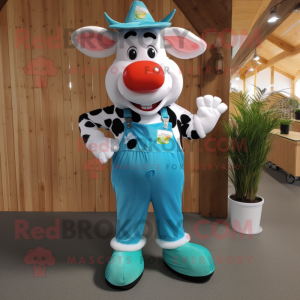 Turquoise Holstein Cow mascot costume character dressed with a Dungarees and Tote bags