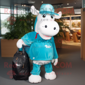 Turquoise Holstein Cow mascot costume character dressed with a Dungarees and Tote bags