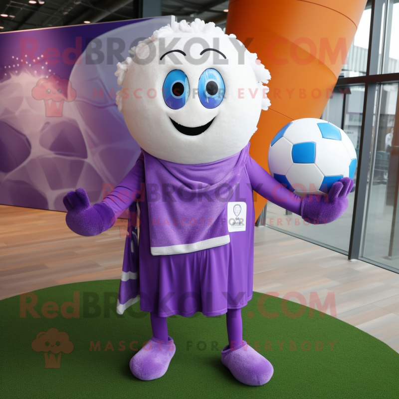 Lavender Soccer Ball mascot costume character dressed with a Henley Tee and Shawls