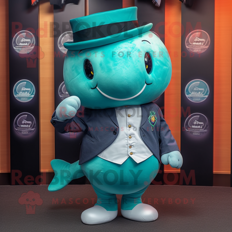 Teal Narwhal mascot costume character dressed with a Blazer and Caps