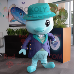 Teal Narwhal mascot costume character dressed with a Blazer and Caps