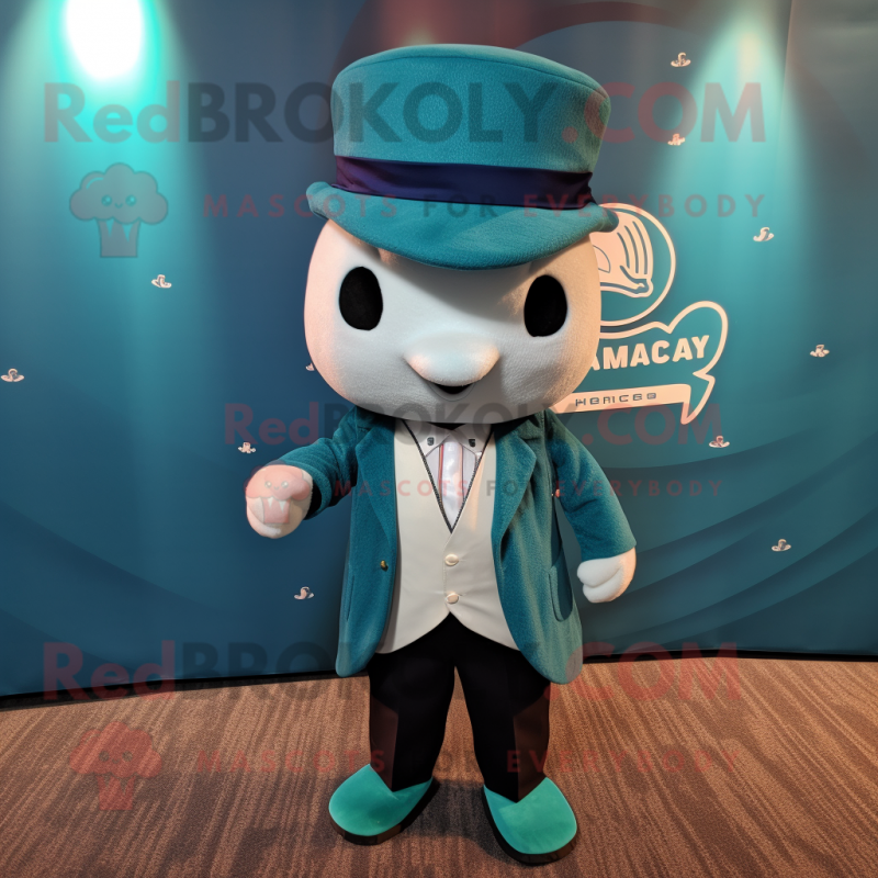 Teal Narwhal mascot costume character dressed with a Blazer and Caps