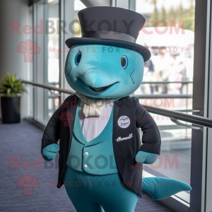 Teal Narwhal mascot costume character dressed with a Blazer and Caps
