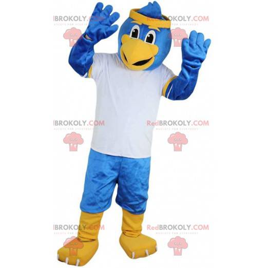 Modrý pták maskot v sportovní oblečení, sup kostým -