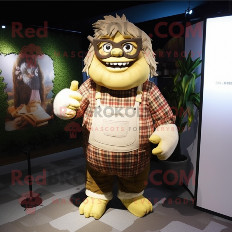 Beige Ogre mascot costume character dressed with a Flannel Shirt and Eyeglasses