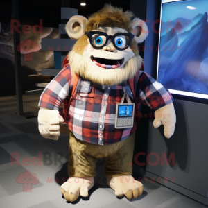 Beige Ogre mascot costume character dressed with a Flannel Shirt and Eyeglasses