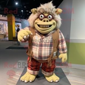 Beige Ogre mascot costume character dressed with a Flannel Shirt and Eyeglasses
