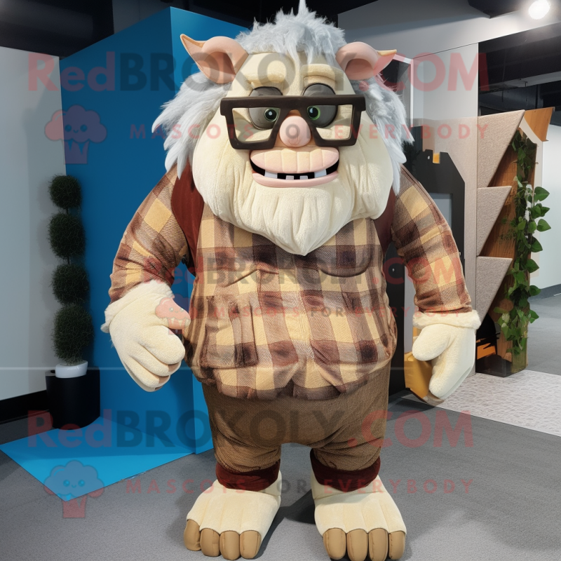 Beige Ogre mascot costume character dressed with a Flannel Shirt and Eyeglasses