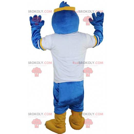 Mascotte uccello blu in abbigliamento sportivo, costume da