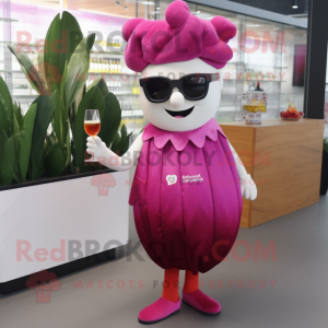 Magenta Turnip mascot costume character dressed with a Cocktail Dress and Sunglasses