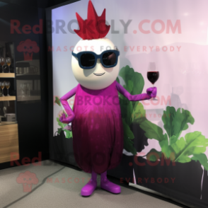 Magenta Turnip mascot costume character dressed with a Cocktail Dress and Sunglasses