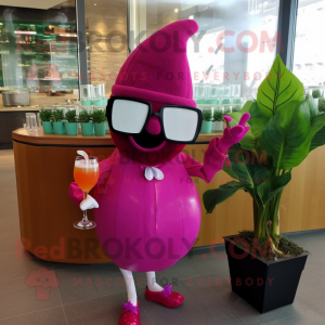 Magenta Turnip mascot costume character dressed with a Cocktail Dress and Sunglasses
