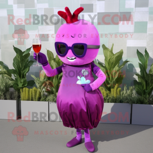 Magenta Turnip mascot costume character dressed with a Cocktail Dress and Sunglasses