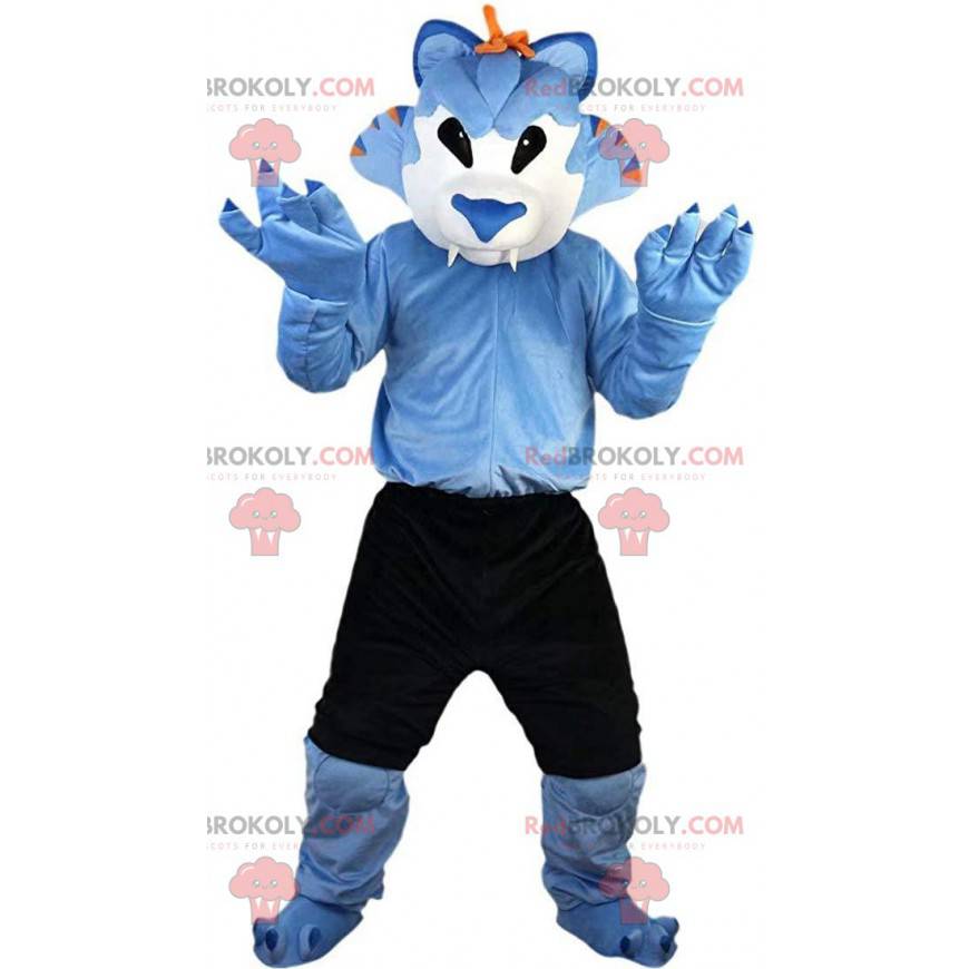 Mascote de lobo azul e branco, fantasia de felino com shorts -