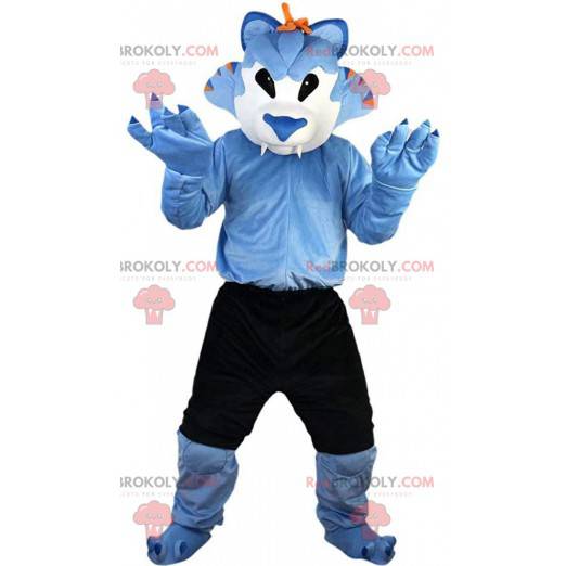 Blue and white wolf mascot, feline costume with shorts -