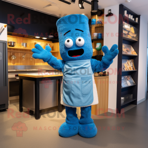 Blue Lasagna mascot costume character dressed with a Dungarees and Mittens