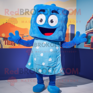 Blue Lasagna mascot costume character dressed with a Dungarees and Mittens