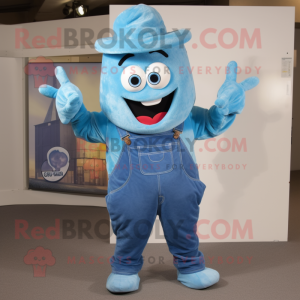Blue Lasagna mascot costume character dressed with a Dungarees and Mittens