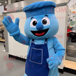 Blue Lasagna mascot costume character dressed with a Dungarees and Mittens