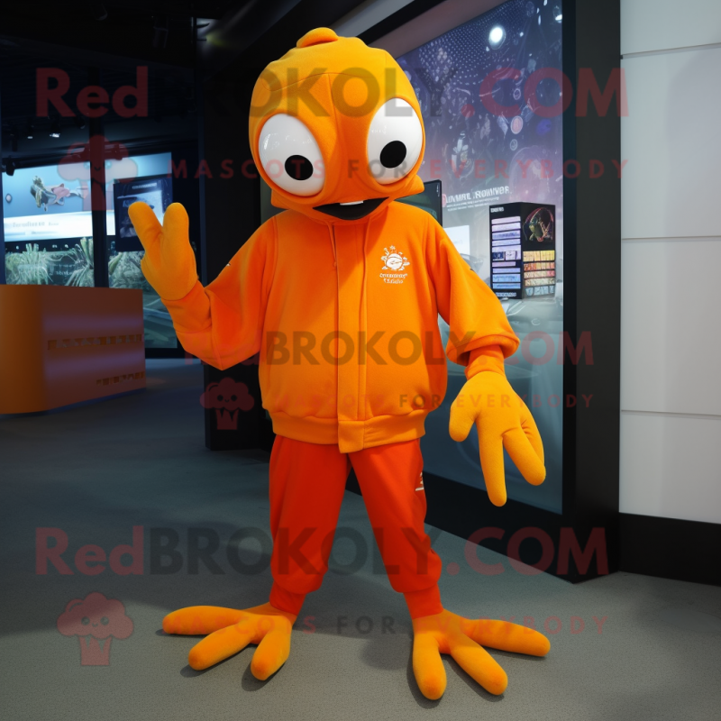 Orange Crab mascot costume character dressed with a Hoodie and Beanies
