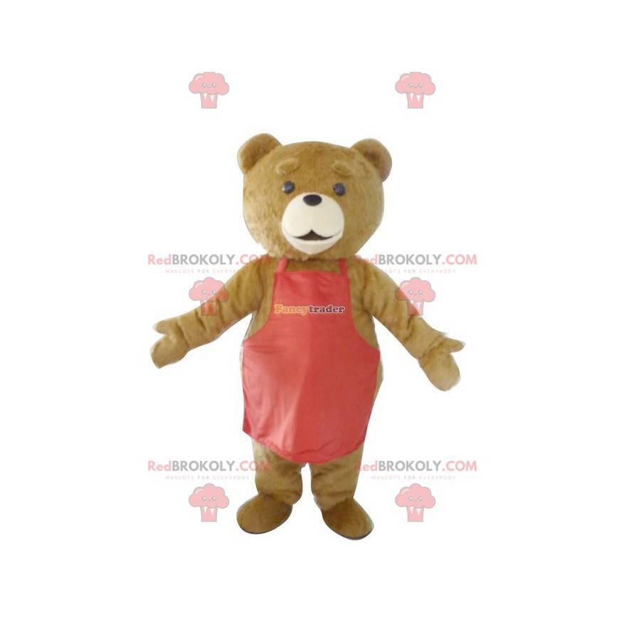 Brunbjörnmaskot med ett rött förkläde - Redbrokoly.com