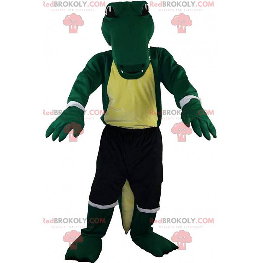 Mascotte coccodrillo verde in abbigliamento sportivo, costume