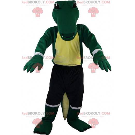 Mascota de cocodrilo verde en ropa deportiva, traje de