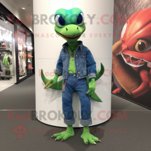 Green Dimorphodon mascot costume character dressed with a Flare Jeans and Shoe laces
