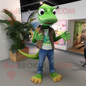 Green Dimorphodon mascot costume character dressed with a Flare Jeans and Shoe laces