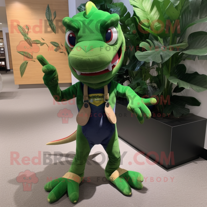 Green Dimorphodon mascot costume character dressed with a Flare Jeans and Shoe laces