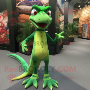 Green Dimorphodon mascot costume character dressed with a Flare Jeans and Shoe laces