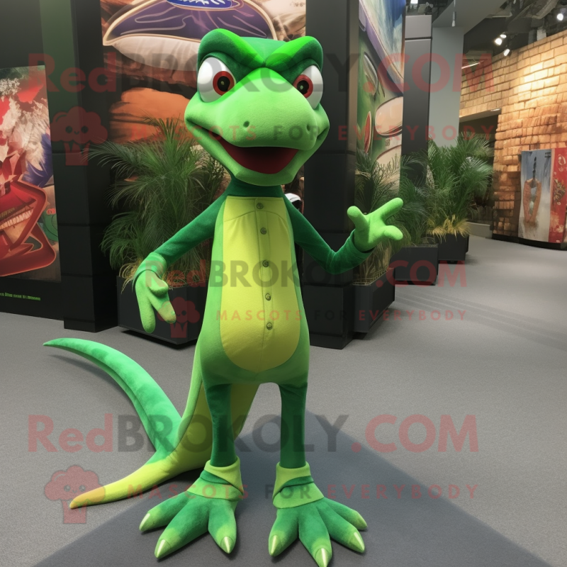 Green Dimorphodon mascot costume character dressed with a Flare Jeans and Shoe laces Green Dimorphodon mascot costume character dressed with a Flare Jeans and Shoe laces