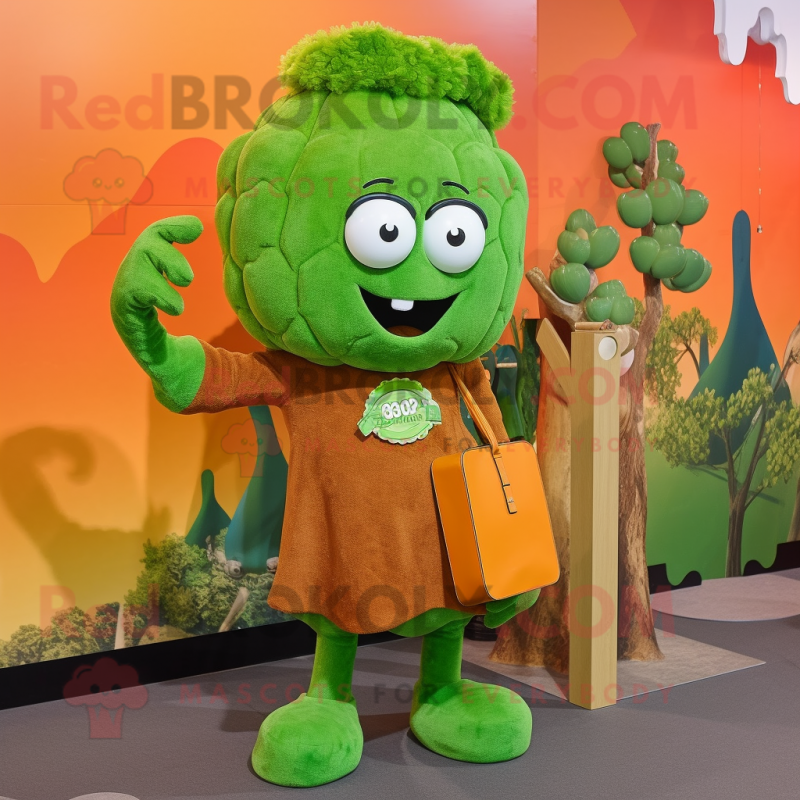 Rust Broccoli mascot costume character dressed with a Dress Pants and Clutch bags