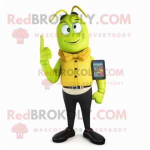 Olive Shrimp Scampi mascot costume character dressed with a Dress Pants and Smartwatches