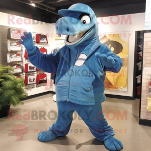 Blue Titanoboa mascot costume character dressed with a Jacket and Hats