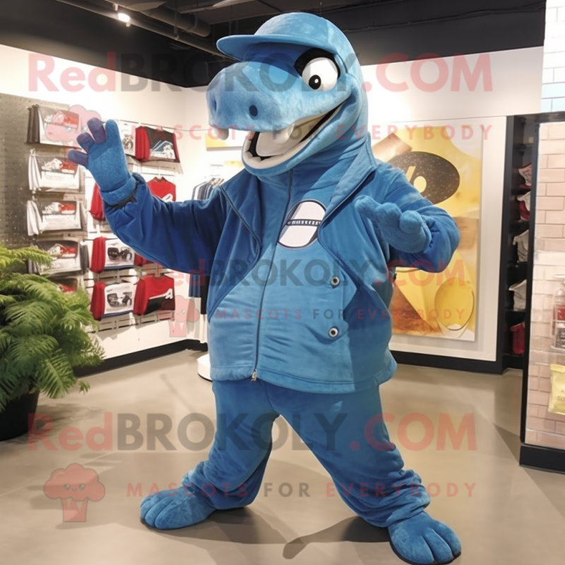 Blue Titanoboa mascot costume character dressed with a Jacket and Hats