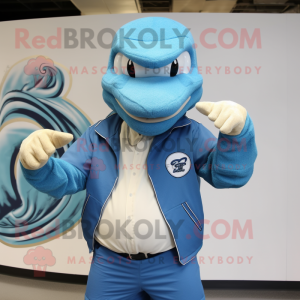 Blue Titanoboa mascot costume character dressed with a Jacket and Hats