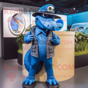 Blue Titanoboa mascot costume character dressed with a Jacket and Hats