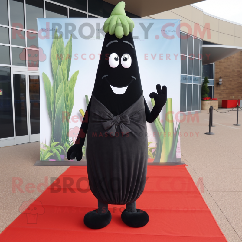 Black Asparagus mascot costume character dressed with a Evening Gown and Pocket squares