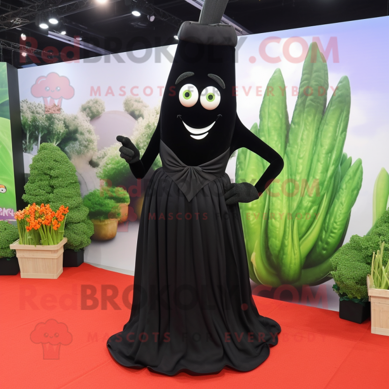 Black Asparagus mascot costume character dressed with a Evening Gown and Pocket squares