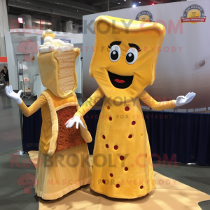 Tan Grilled Cheese Sandwich mascot costume character dressed with a Evening Gown and Brooches