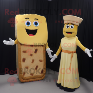 Tan Grilled Cheese Sandwich mascot costume character dressed with a Evening Gown and Brooches