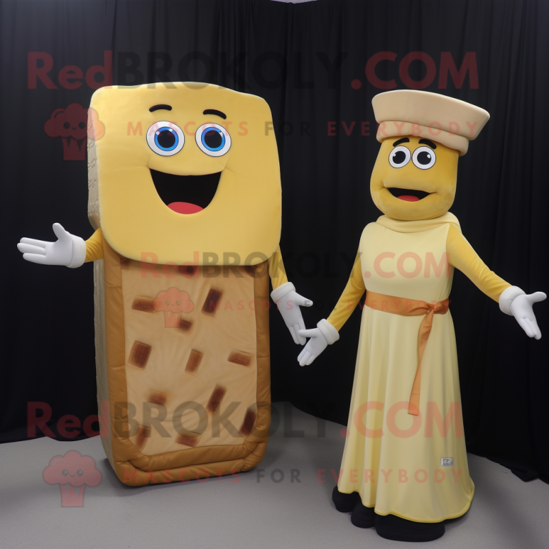 Tan Grilled Cheese Sandwich mascot costume character dressed with a Evening Gown and Brooches Tan Grilled Cheese Sandwich mascot costume character dressed with a Evening Gown and Brooches