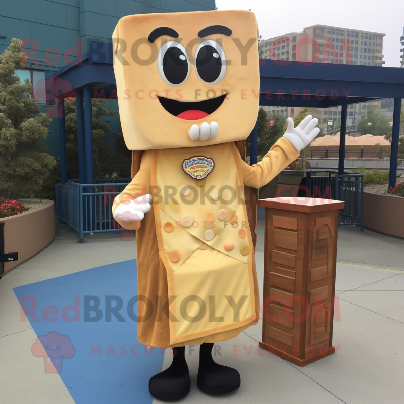 Tan Grilled Cheese Sandwich mascot costume character dressed with a Evening Gown and Brooches Tan Grilled Cheese Sandwich mascot costume character dressed with a Evening Gown and Brooches