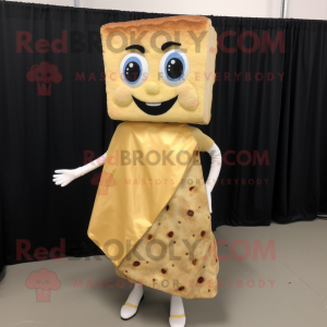 Tan Grilled Cheese Sandwich mascot costume character dressed with a Evening Gown and Brooches